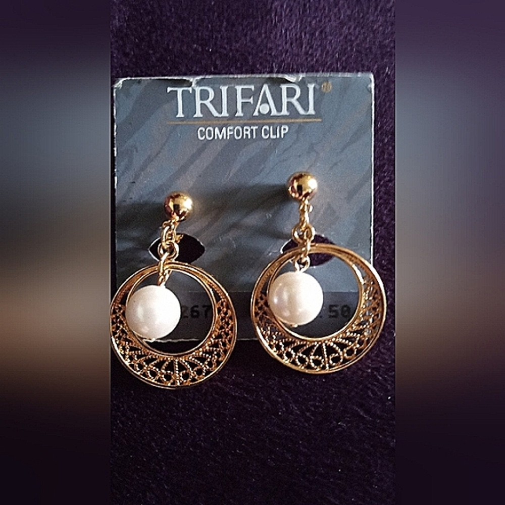 Trifari Gold and White Pearl Vintage Earrings